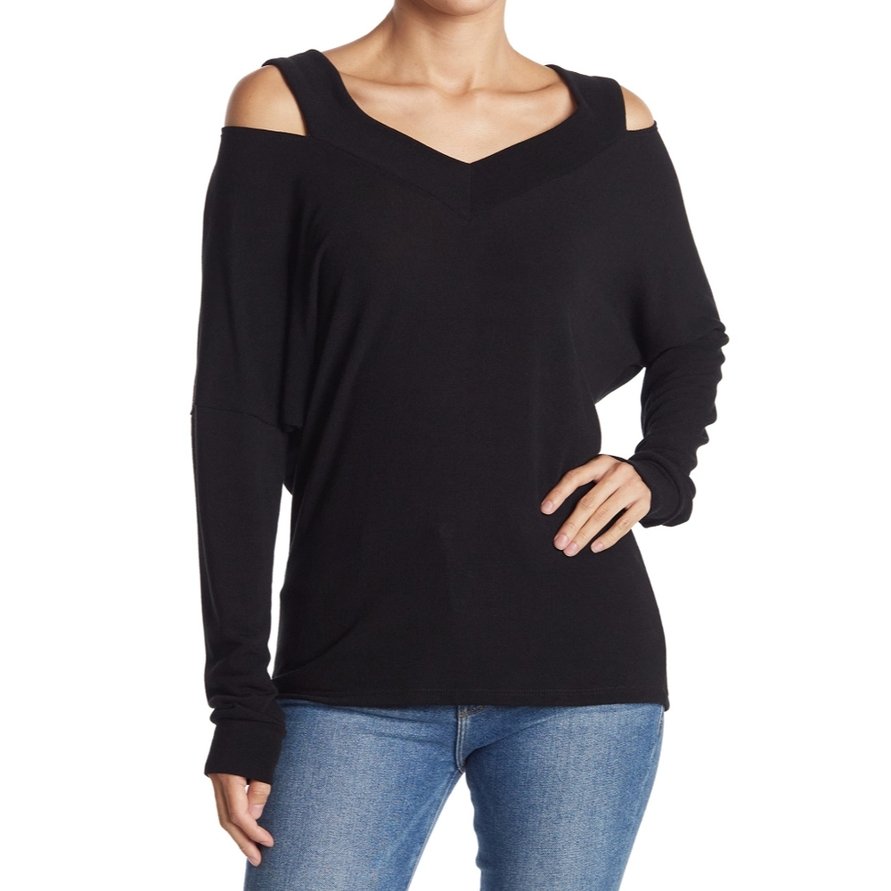 NWT Go Couture V-Neck Cold Shoulder Shoulder Hacci Knit Sweater Sz XL